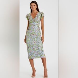 Mac Duggal  Blue Floral Embellished Flutter Cap Sleeve Dress 5722 Sz 14 Blue NWT